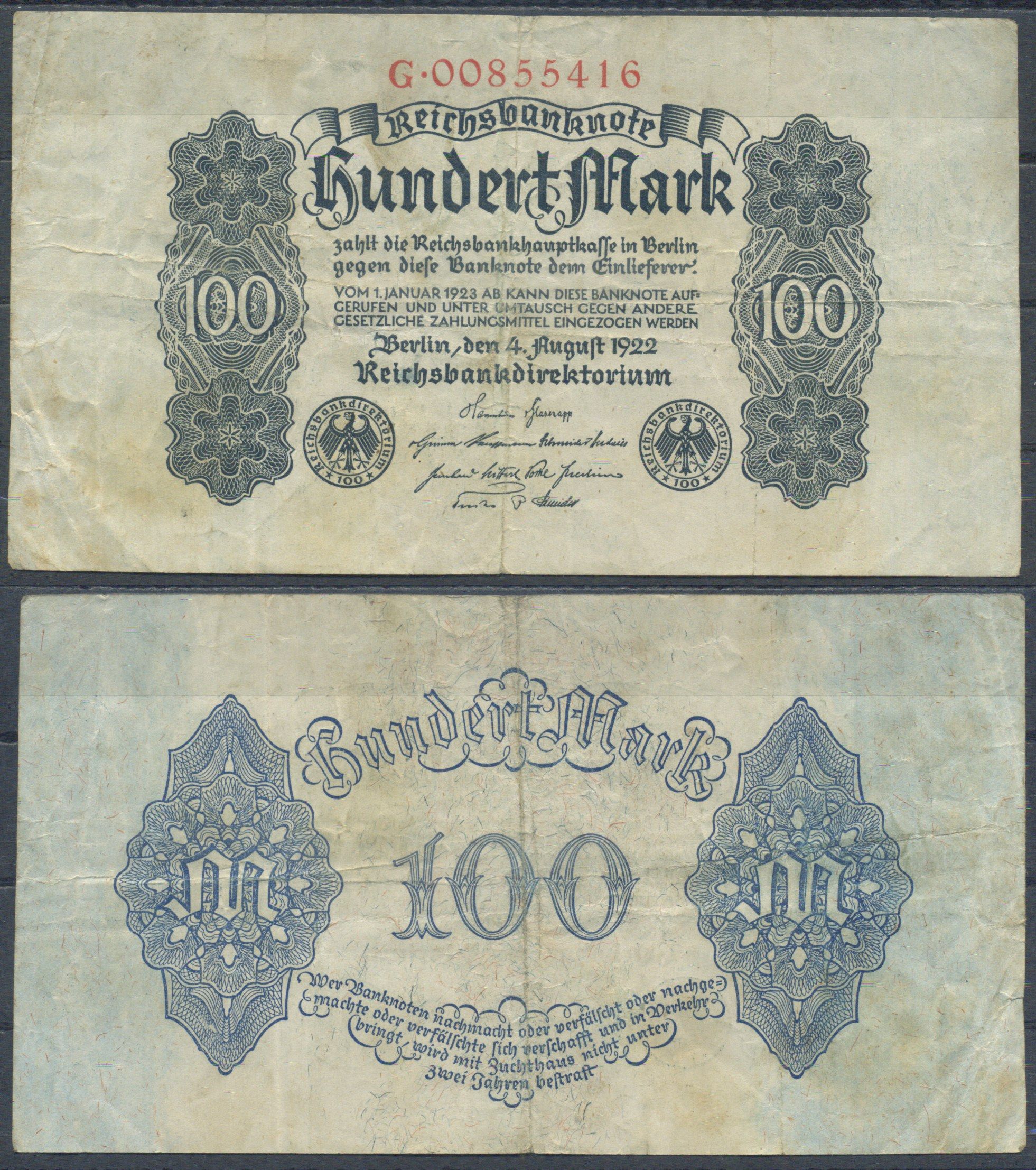 Германия 100 марок 1922 Pick 75 бумага 6285-59-2-1