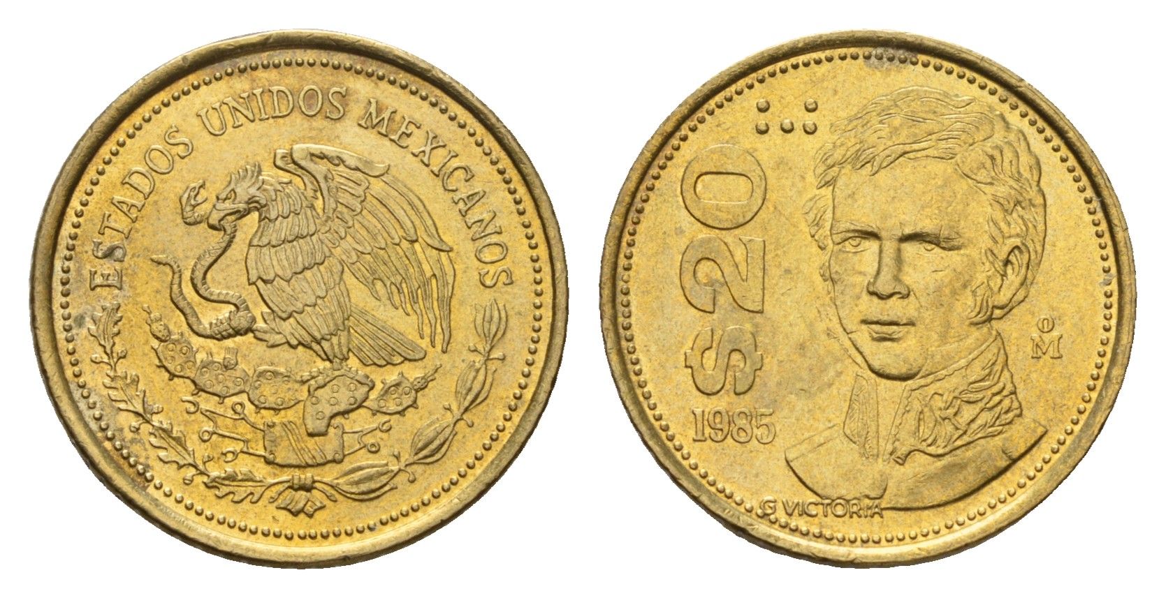 Мексика 20 песо 1985 Мо, Гуаделупе Виктория KM 508 латунь UNC 4114-1047