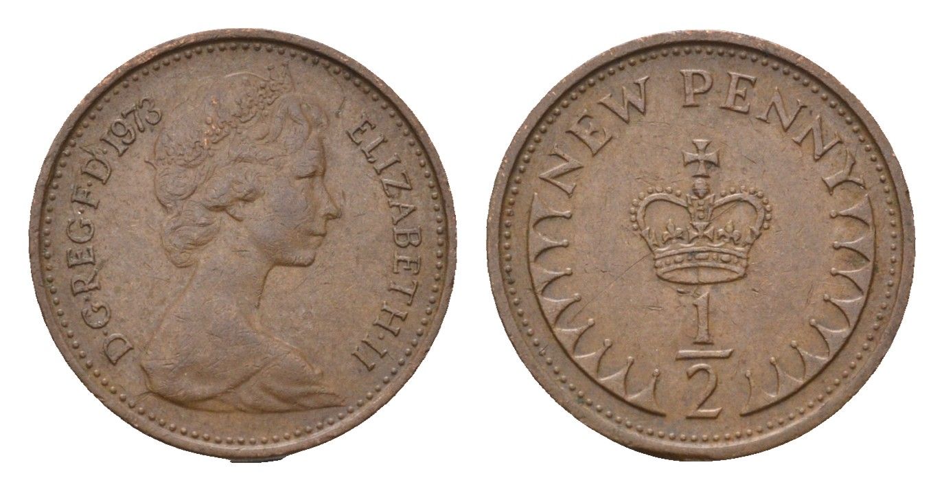 Великобритания 1/2 пенни 1973 Елизавета II (1952-2022) KM 914, Spink 4239 бронза 4696-735