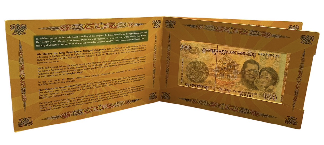 Бутан 100 нгултрумов 2011 королевская свадьба, Ташинчхо-дзонг, в оригинальном буклете Pick 35 a  бумага  UNC (пресс) 000-00-00
