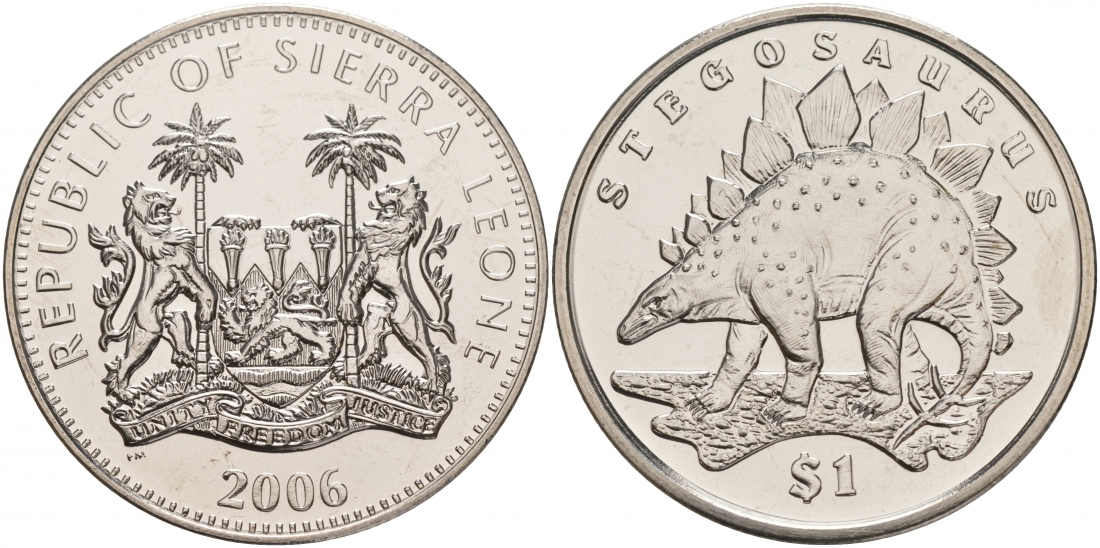 Сьерра-Леоне 1 доллар 2006 серия динозавры, стегозавр KM 308 медно-никель UNC M20-14