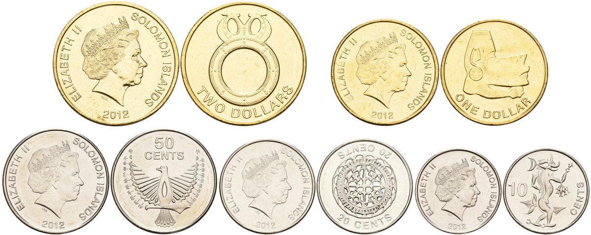 Соломоновы Острова лот из 5 монеты (10, 20, 50 центов, 1, 2 доллара) 2012 KM 235, 236, 237, 238, 239 сталь плакированная никелем, алюминиевая бронза UNC М14-18