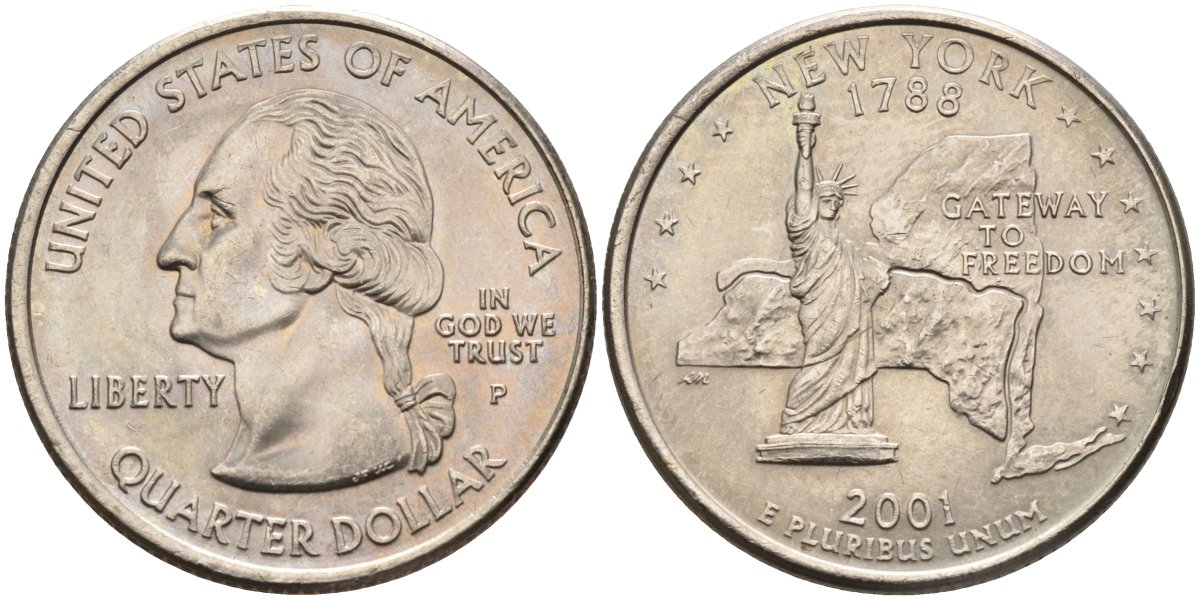 США 25 центов = квотер 2001 Р, серия штаты США, Нью-Йорк KM 318 медь плакированная медно-никелем 4586-152
