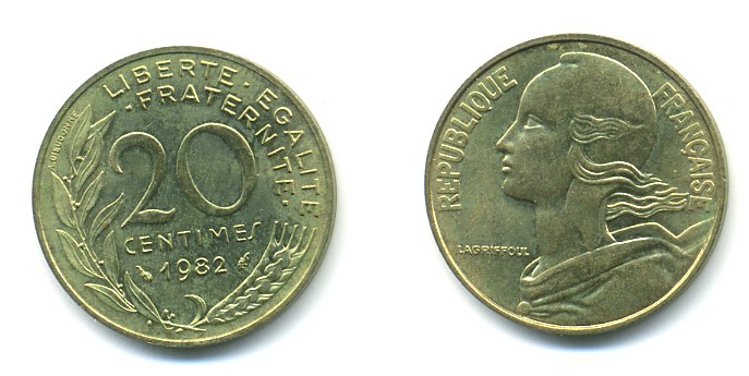 ФРАНЦИЯ 20 САНТИМОВ 1982 KM 930 медь алюминий никель 25-227