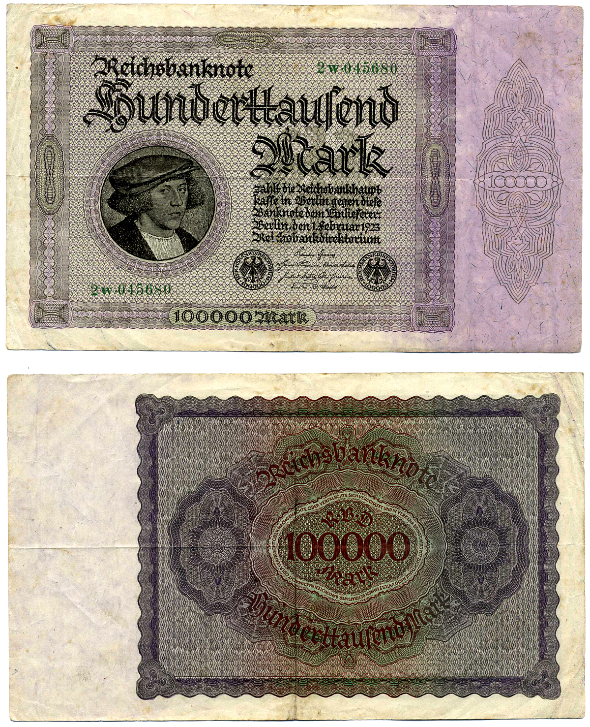 ГЕРМАНИЯ 100000 МАРОК 1923 1 ФЕВРАЛЯ 1923, ВЫПУСК (МАРТ 1923-5 ИЮЛЯ 1925), НОМЕР ШЕСТИЗНАЧНЫЙ, СЕРИЯ 2W 045680 Pick 83, Роземберг 82d бумага 8564-26-2-2