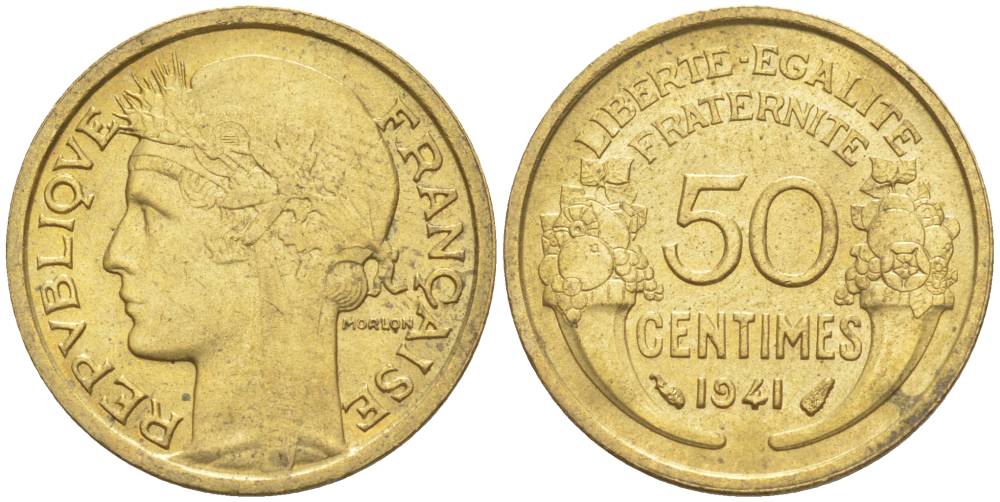 ФРАНЦИЯ 50 САНТИМОВ 1941 ТИП MORLON KM 894.1, LE FRANC 192.18 алюминиевая бронза 44-559