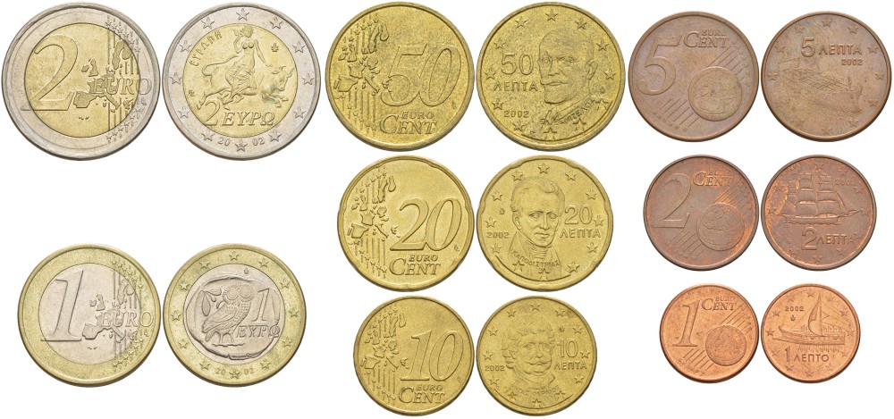 Греция евронабор из 8 монет 2002 1, 2, 5, 10, 20, 50 евроцентов, 1 и 2 евро KM 210, 211, 212, 247, 248, 249, 250, 251 UNC N6-36