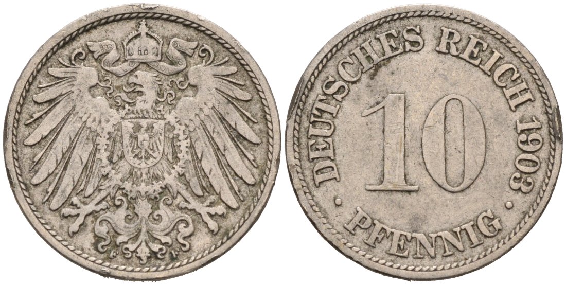 Германия 10 пфеннигов 1903 F KM 12, J. 13, Weege 8 медно-никель 92-323