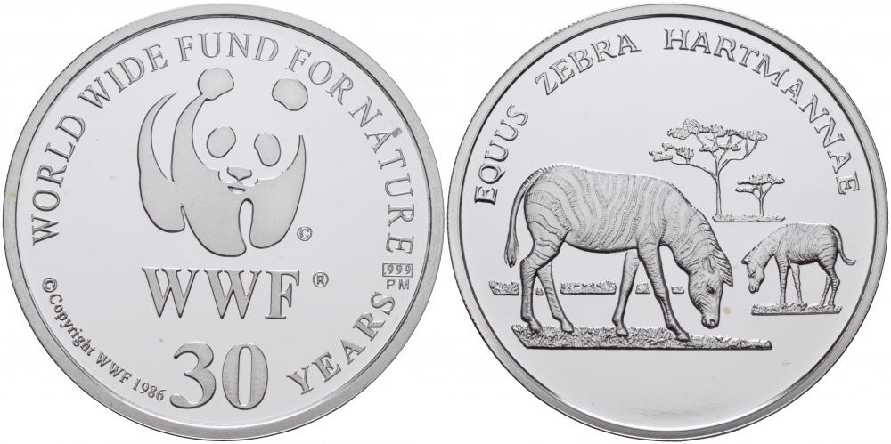 ЕВРОПА МЕДАЛЬ 1986 30 ЛЕТ WWF, ЗЕБРА, EQUUS ZEBRA HARTMANNAE серебро PROOF 00-00