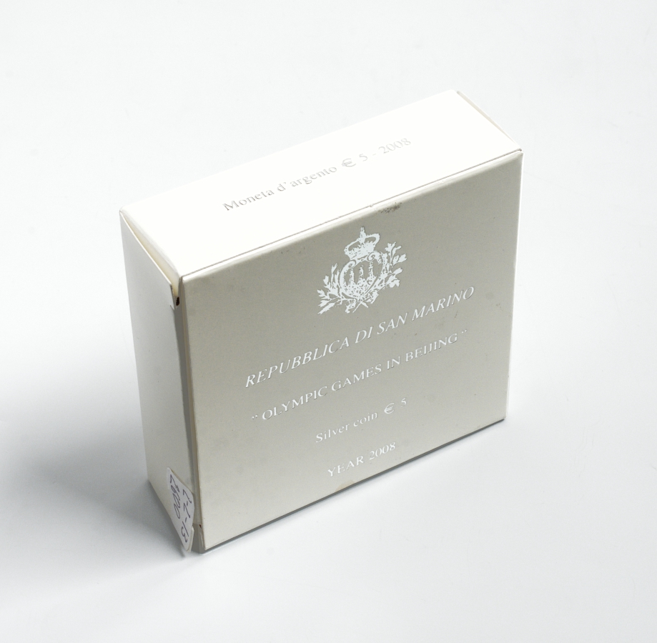 Сан-Марино 5 евро 2008 Олимпиада в Пекине, танец с лентами, в коробке с сертификатом KM 513 серебро PROOF 2-4-2-12