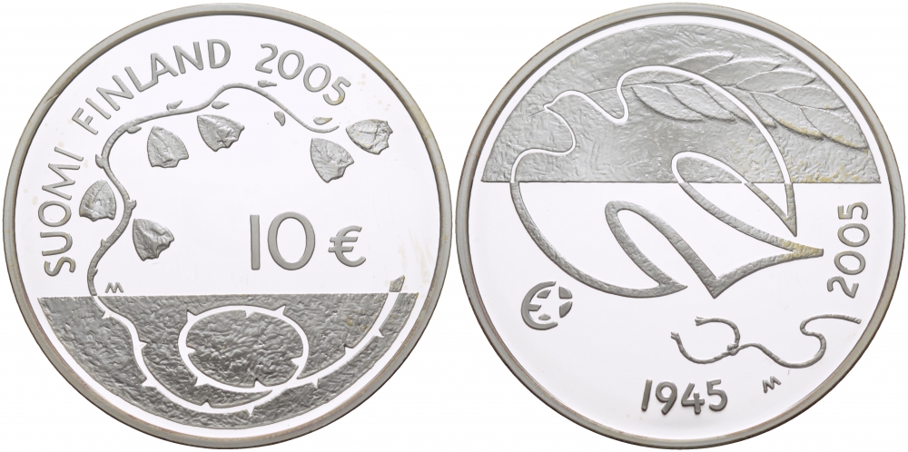 Финляндия 10 евро 2005 60 лет мира в Европе, голубь мира KM 120 серебро PROOF 11-161-35