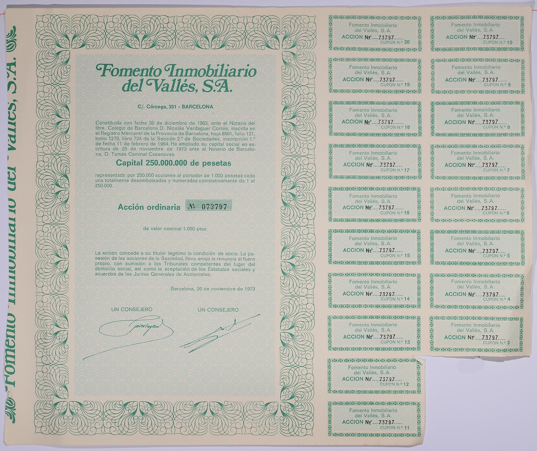 Испания акция на 1000 песет 1973 Fomento Inmobiliario del Valles, S.A., Барселона 1973, с купонами   бумага   5548-12-2-2