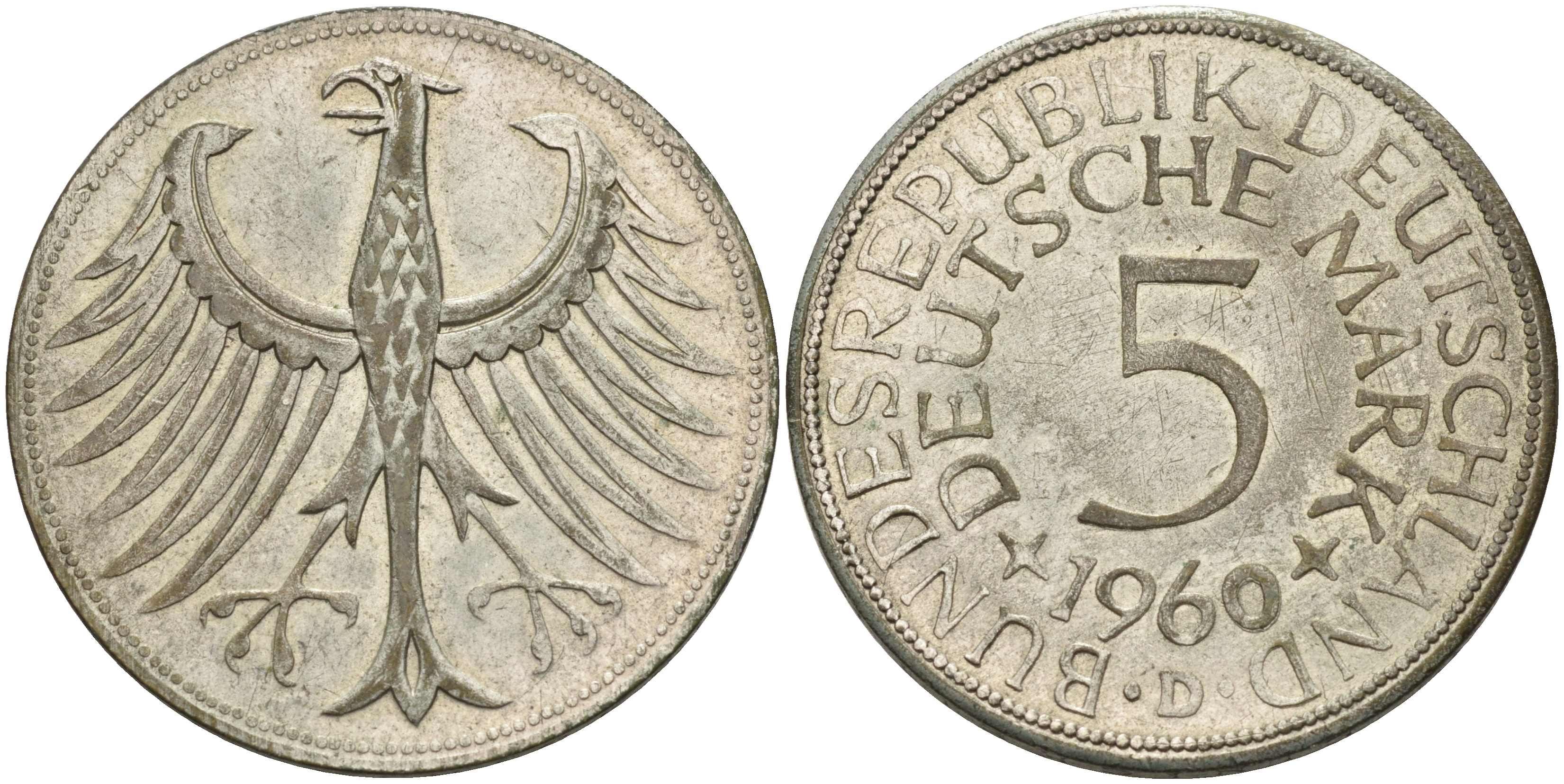 ФРГ 5 марок 1960 D KM 112.1 серебро    115-1236