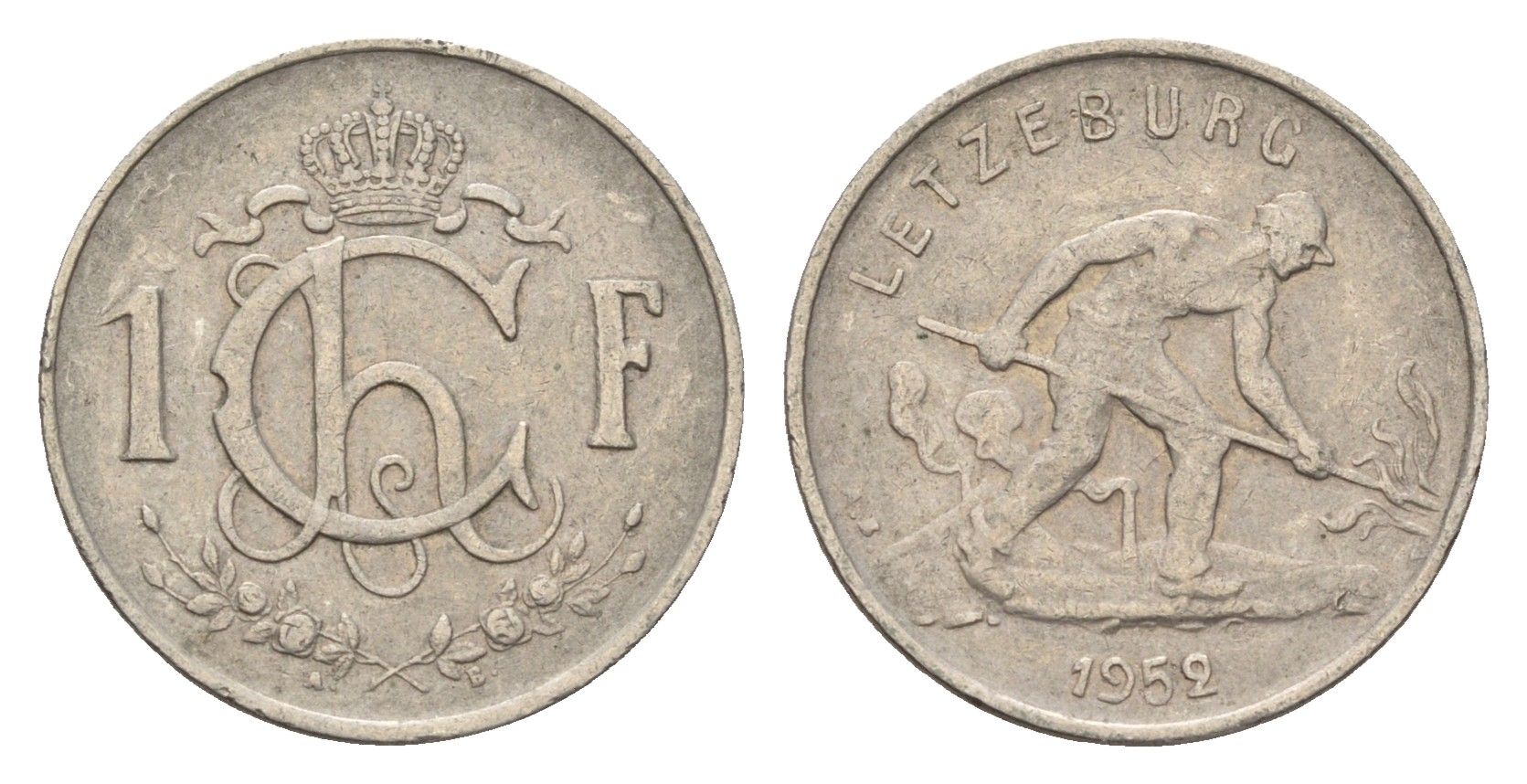 Люксембург 1 франк 1952 сталевар KM 46.2 медно-никель 4674-356