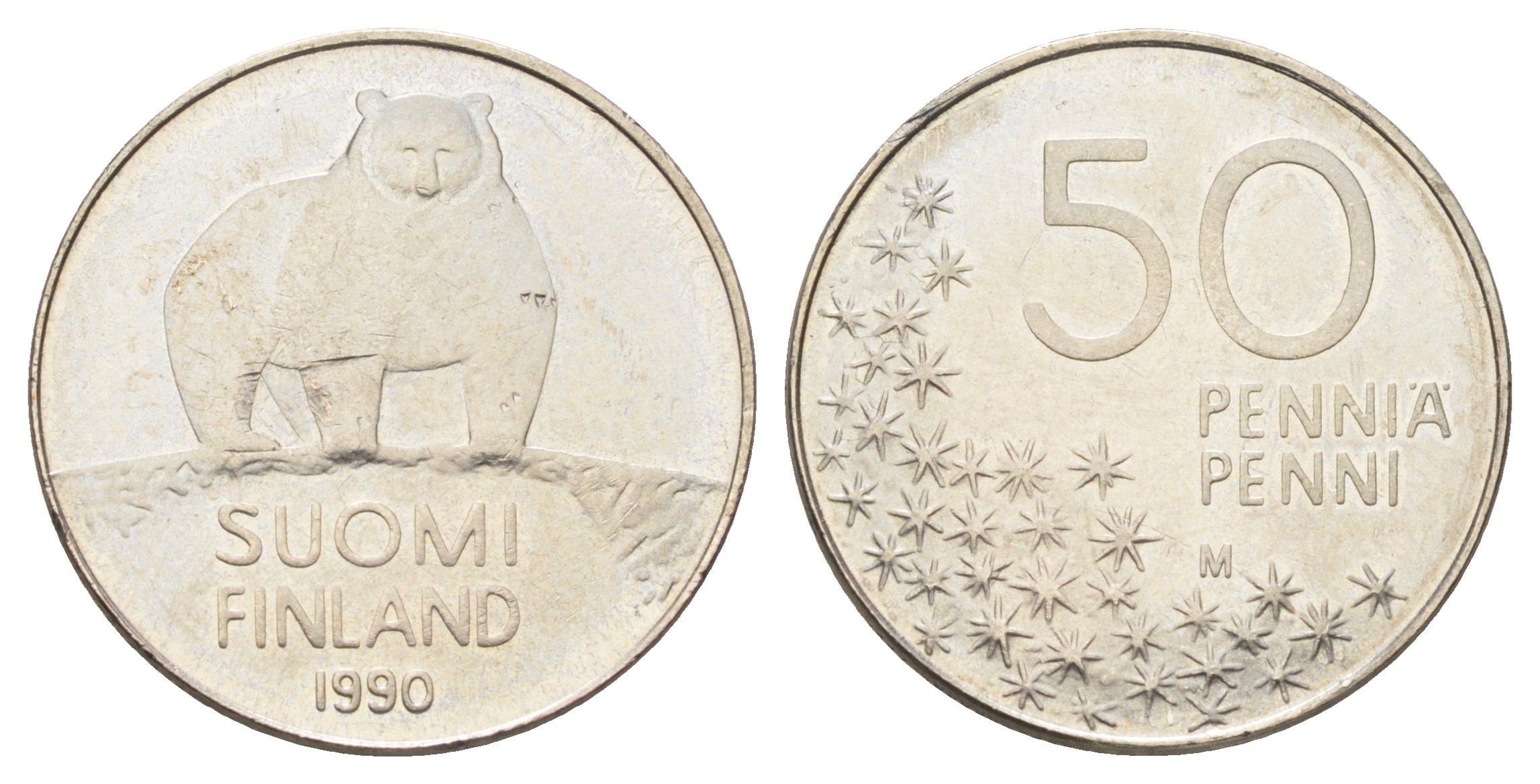 Финляндия 50 пенни 1990 полярный медведь KM 66 медно-никель UNC 4668-859