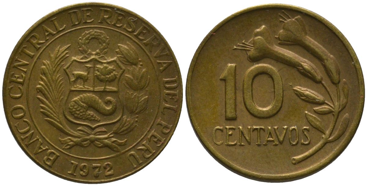 Перу 10 сентаво 1972 KM 245.2, Schon 50 латунь 4532-332