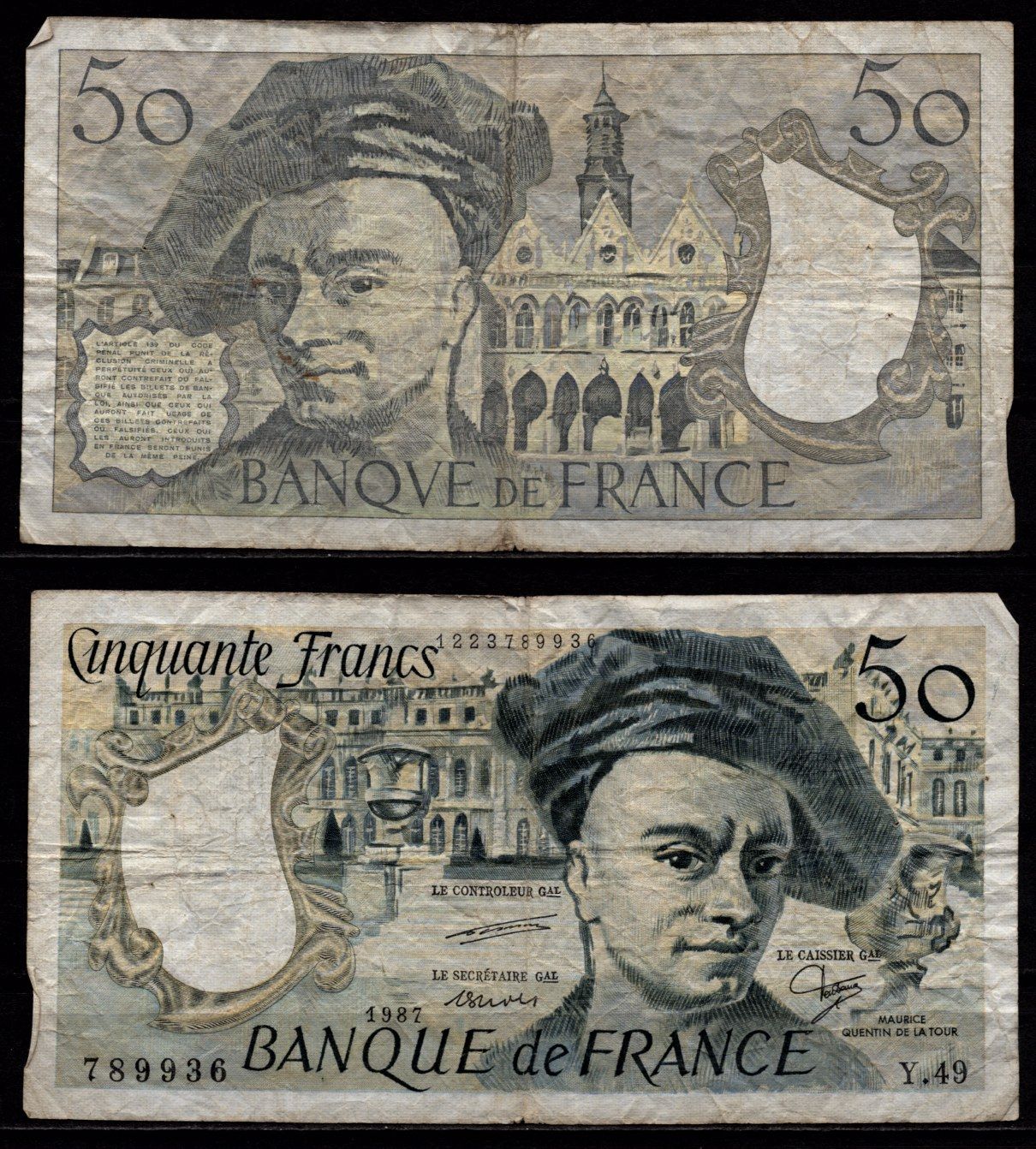 Франция 50 франков 1987 Морис Кантен де ла Тур, Версальский дворец, мэрия Сент-Квентина Pick 152 c бумага 7523-48-2-2