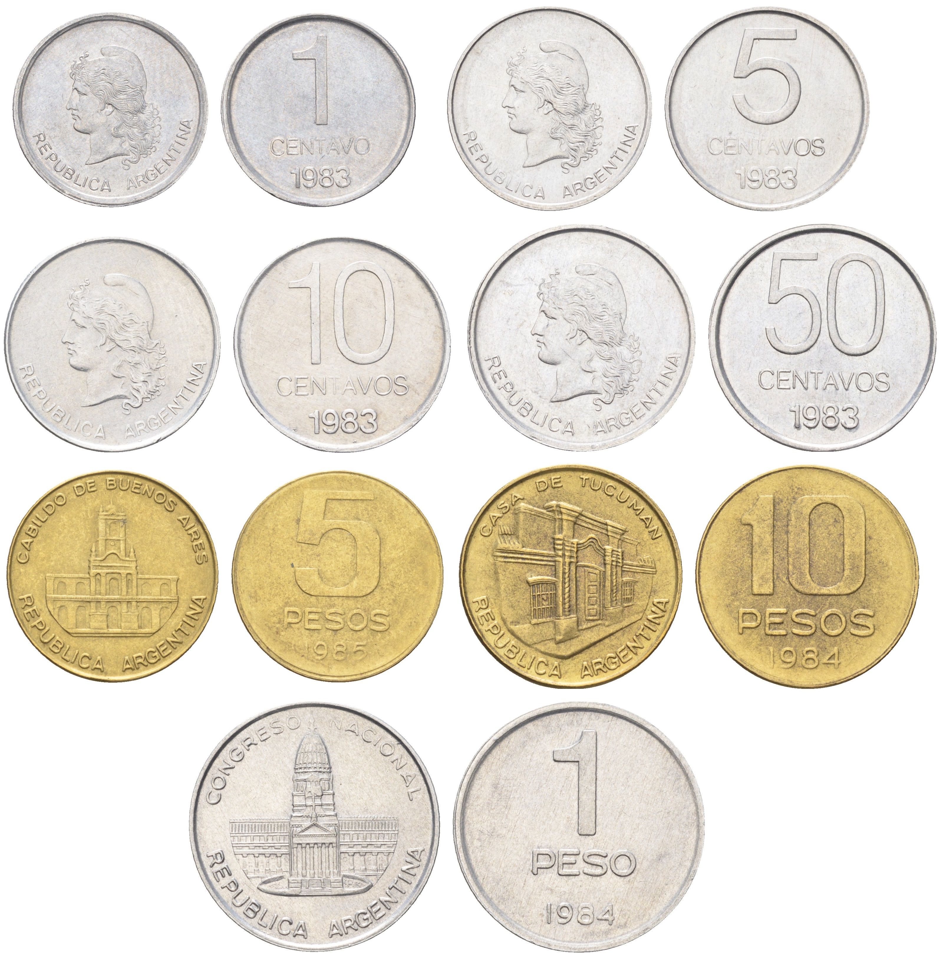 Аргентина набор из 7 монет (1, 5, 10 и 50 сентаво; 1, 5 и 10 песо) 1983, 1984 и 1985 KM 87, 88, 89, 90, 91, 92 и 93 UNC 4662-751-757