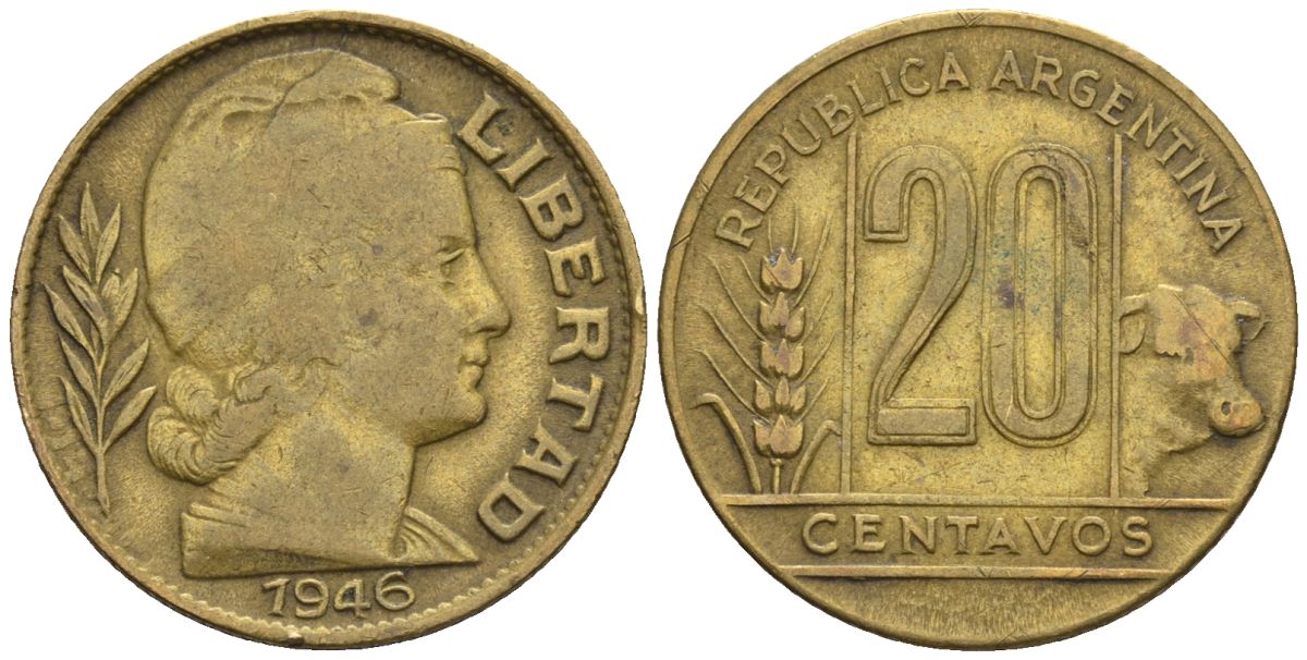 Аргентина 20 сентаво 1946 голова свободы вправо KM 42, CJ 200, Schon 45 алюминиевая бронза    60-923