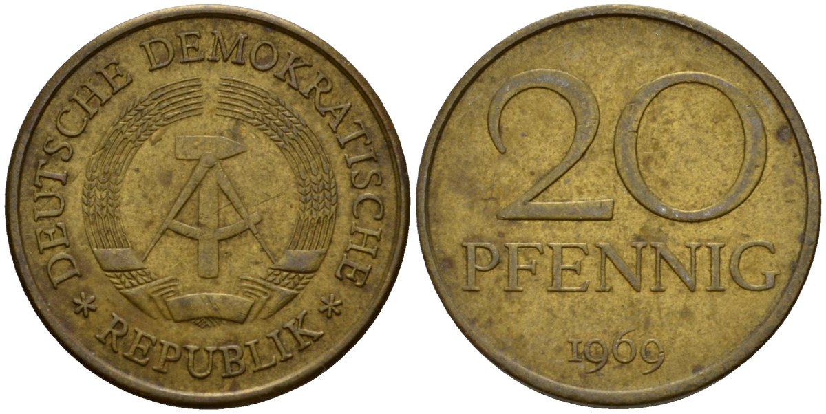 ГДР 20 пфеннигов 1969 A, первый год KM 11 латунь 4601-526