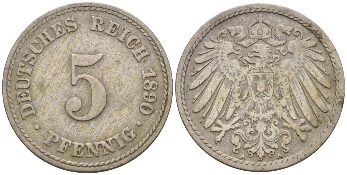 Германия 5 пфеннигов 1890 A KM 11, J. 12 медно-никель 4151-363