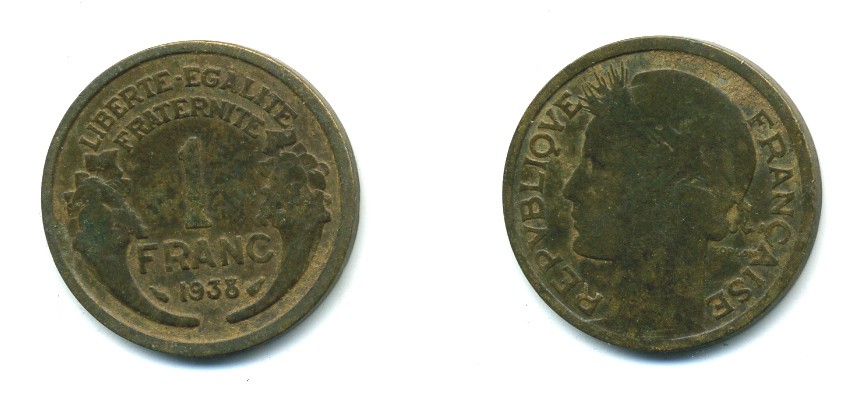 ФРАНЦИЯ 1 ФРАНК 1938 ТИП MORLON KM 885, LE FRANC 219.9 алюминиевая бронза 84-433