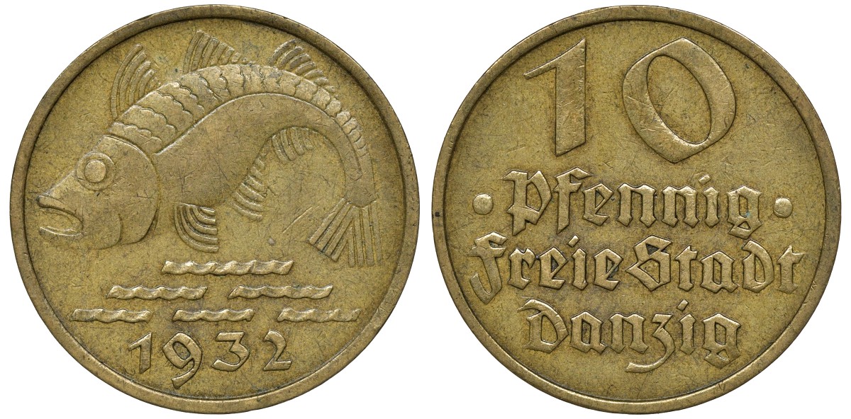 Данциг 10 пфеннигов 1932 рыба J. D 13, KM 152 алюминиевая бронза 72-1756