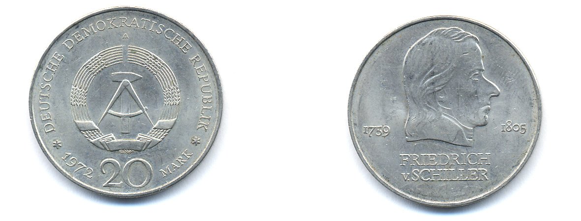 ГДР 20 марок 1972 А, Фридрих Шиллер (1759-1805) KM 40 медно-никель 3333-722