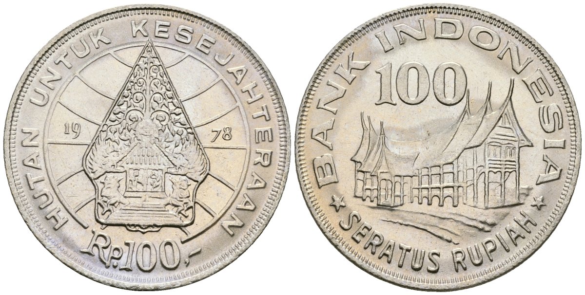 Индонезия 100 рупий 1978 хижина Минангкабау, легендарное дерево жизни KM 42 медно-никель UNC M17-05