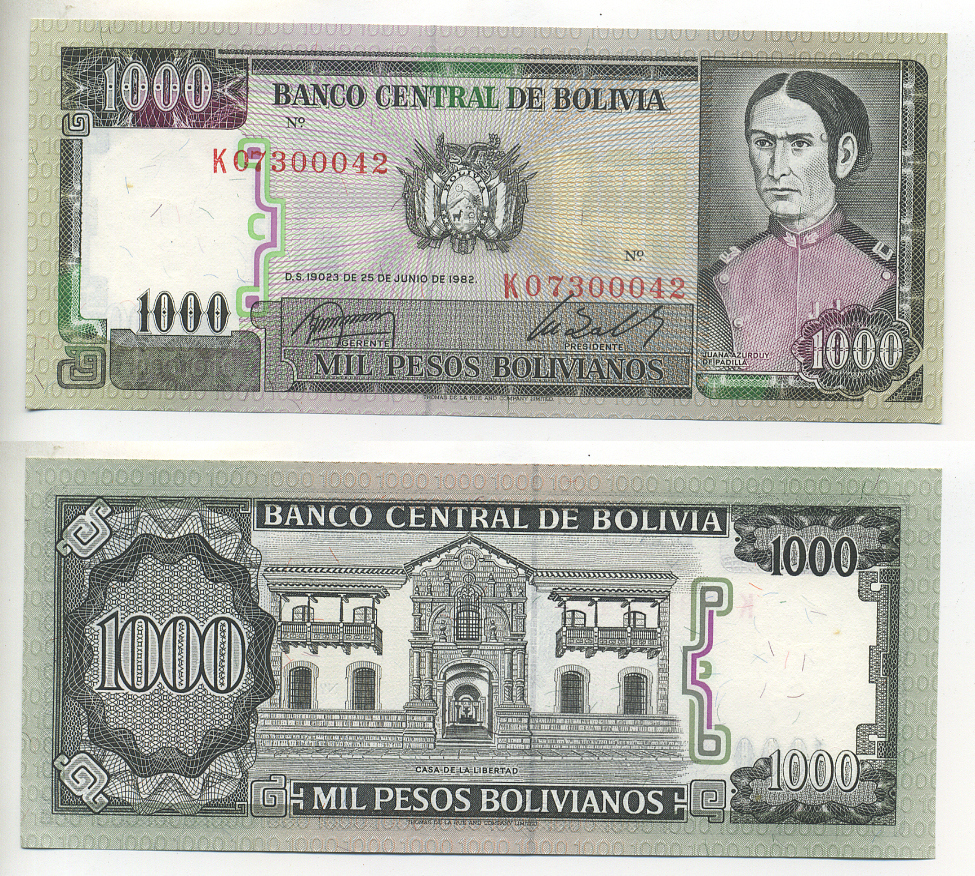 Боливия 1000 песо боливиано 1982 Хуана Асурдуй де Падилья Pick 167a (3) бумага UNC (пресс) 7218-70-3