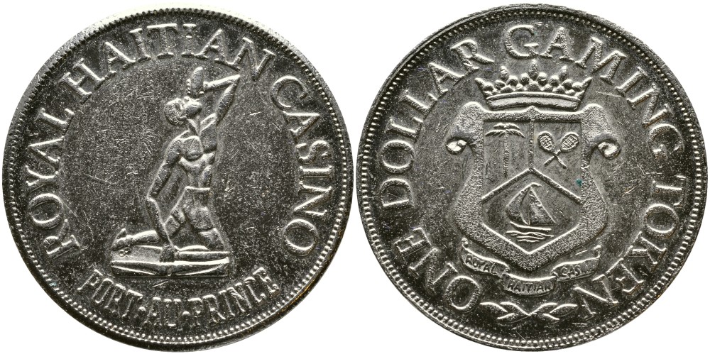 ГАИТИ ИГРОВОЙ ЖЕТОН ND ROYAL HAITIAN CASINO, ТОКЕН 1 ИГРОВОЙ ДОЛЛАР, ПОРТ-О-ПРЕНС, ГАИТИ, ДИАМЕТР 37 ММ. белый металл 00-00