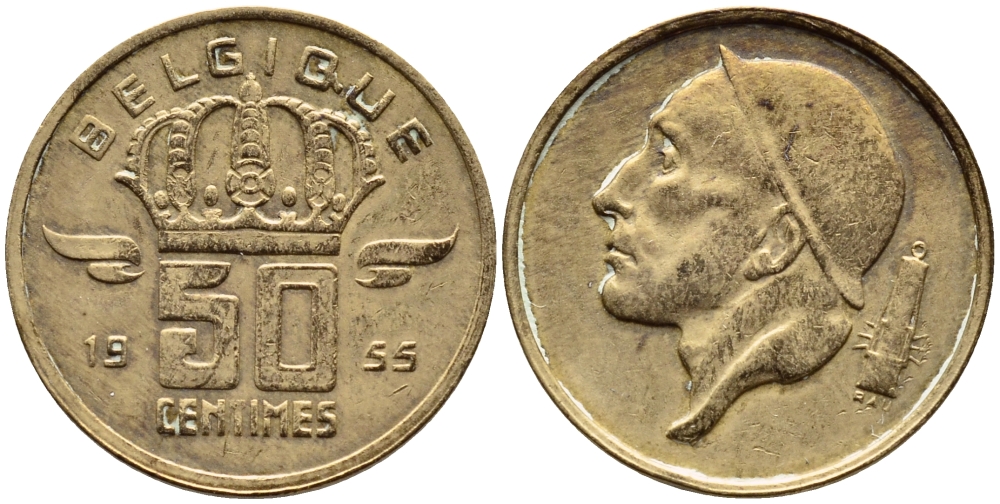 БЕЛЬГИЯ 50 САНТИМОВ 1955 BELGIQUE KM 144 бронза 4392-768