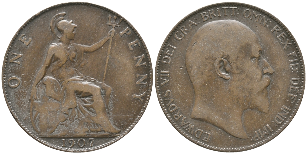 Великобритания 1 пенни 1907 Эдуард VII (1901-1910) KM 794.2, Spink 3990 бронза 32-445