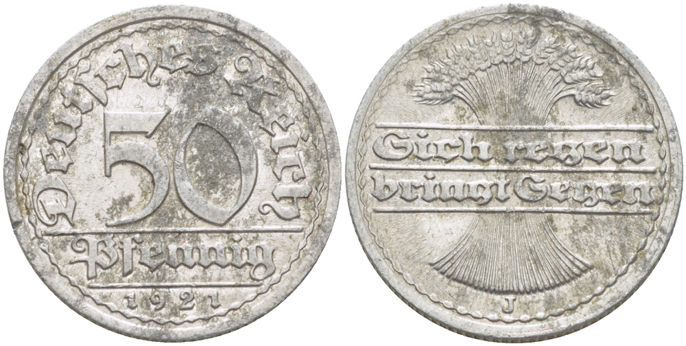 ГЕРМАНИЯ 50 ПФЕННИГОВ 1921 J KM 27, J. 301, Weege 10 алюминий 4182-721