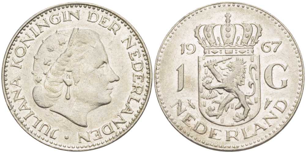 Нидерланды 1 гульден 1967 Юлиана (1948-1980) KM 184а никель 213-951
