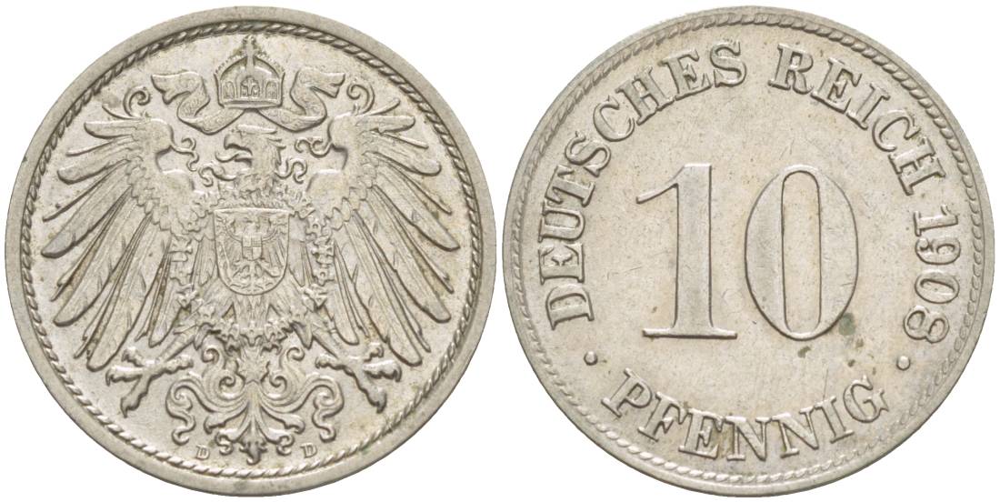 Германия 10 пфеннигов 1908 D KM 12, Jager 13, Weege 8 медно-никель 219-141