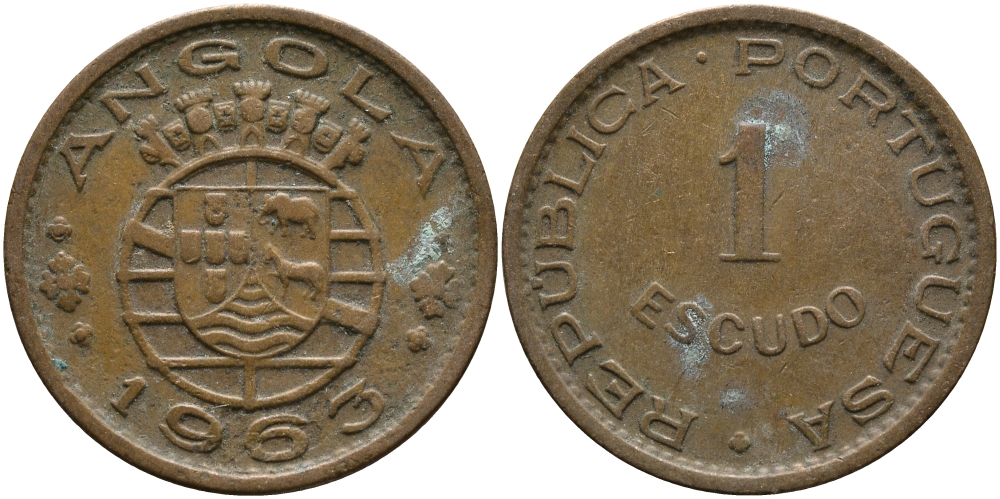 Португальская Ангола 1 эскудо 1963 KM 76 бронза 33-933