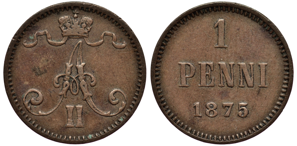 Россия для Финляндии 1 пенни 1875 Александр II Биткин 674, KM 1.2 медь 1531-113