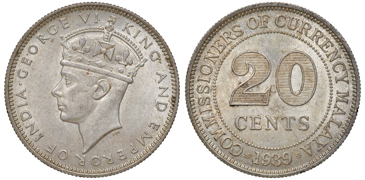 Британская Малайя 20 центов 1939 Георг VI (1937-1952) KM 5 серебро 53-333