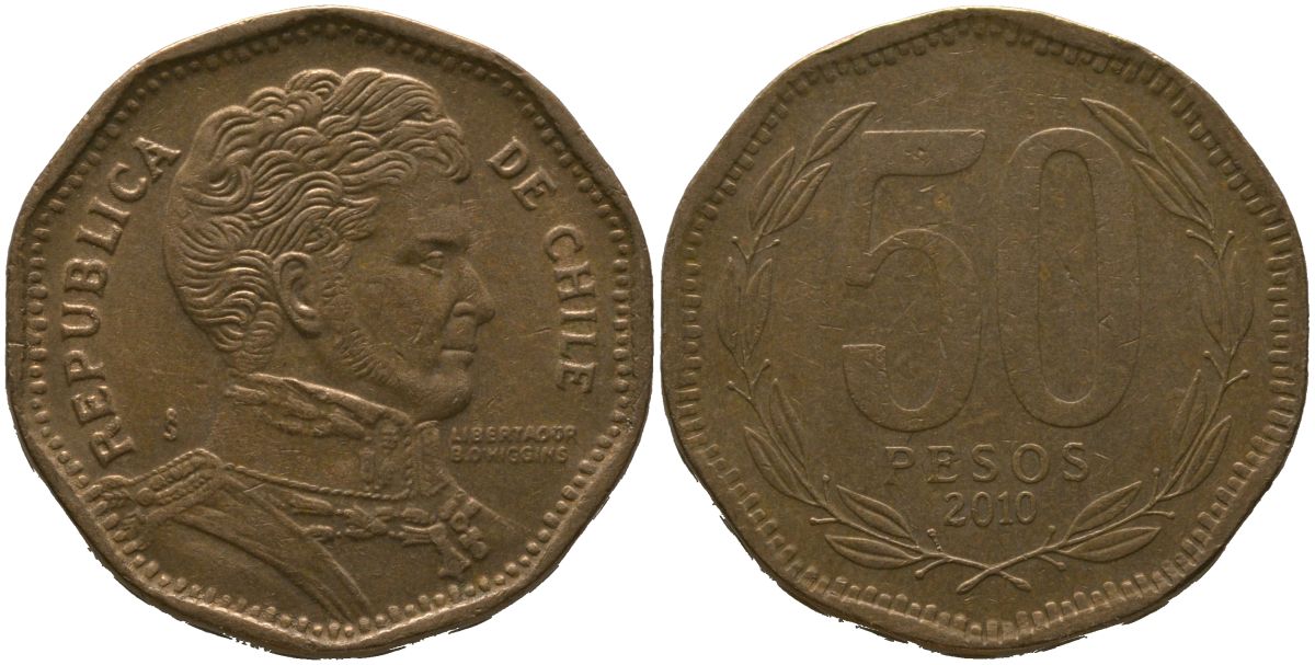 Чили 50 песо 2010 So KM 219.2, Schon 70 алюминиевая бронза 4544-427