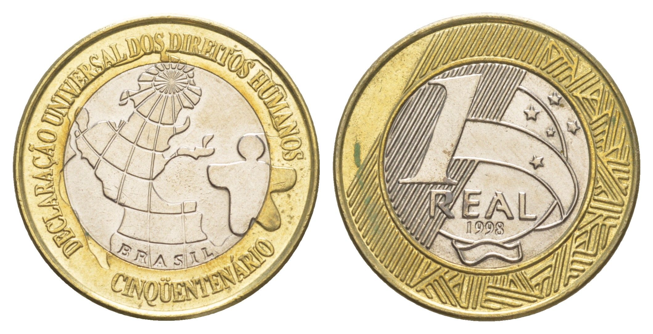Бразилия 1 реал 1998 50 лет Декларации Прав Человека KM 653 биметалл UNC 00-810-14