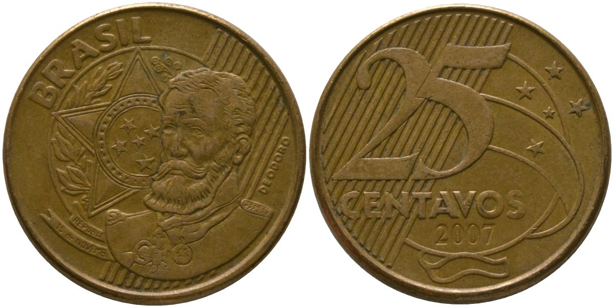 Бразилия 25 сентаво 2007 KM 650, Schon 158 сталь плакированная бронзой 4525-414