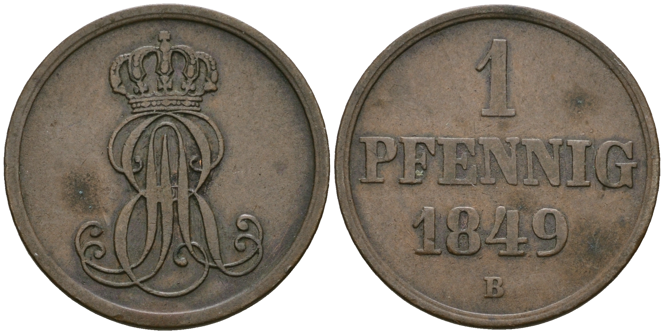 Ганновер 1 пфенниг 1849 B, Эрнст Август (1837-1851) KM 201.1, AKS 129, J. 74 медь 4608-1028