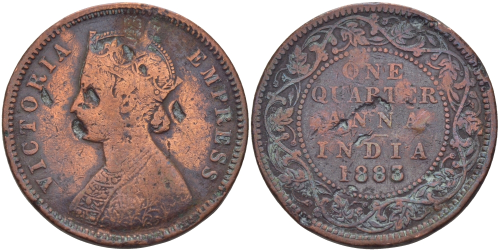 Британская Индия 1/4 анна 1883 Виктория (1837-1901) KM 486 бронза 28-533