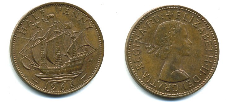 Великобритания 1/2 пенни 1966 Елизавета II (1952-2022) KM 896, Spink 4158 бронза 41-617