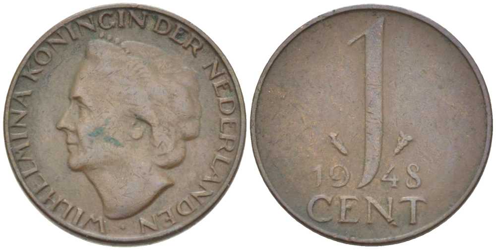 НИДЕРЛАНДЫ 1 ЦЕНТ 1948 ВИЛЬГЕЛЬМИНА (1890-1948) KM 107 бронза 214-1014