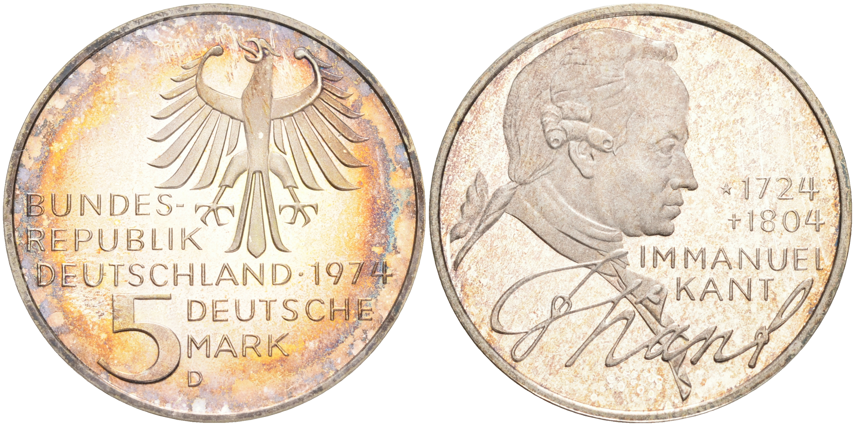 ФРГ 5 марок 1974 D, 250 лет со дня рождения Иммануила Канта KM 139 серебро PROOF 02-251-52