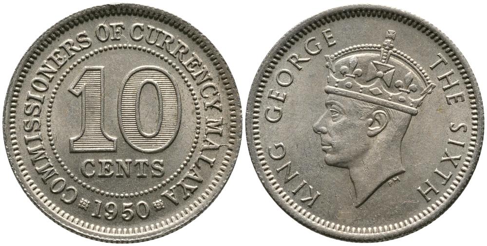 Британская Малайя 10 центов 1950 Георг VI (1937-1952) KM 8 медно-никель 4549-631