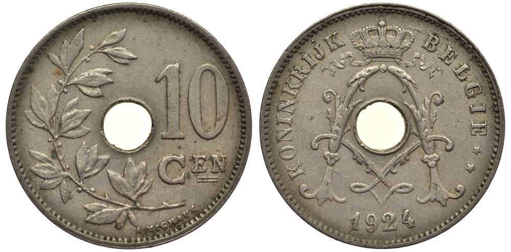 БЕЛЬГИЯ 10 САНТИМОВ 1924 BELGIE, АЛЬБЕРТ I (1909-1934) KM 86 медно-никель 27-911