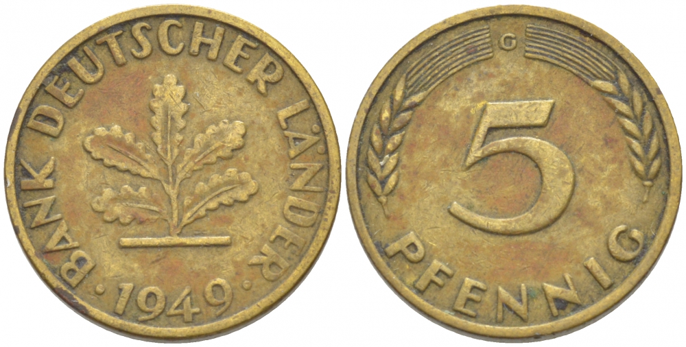 ФРГ 5 ПФЕННИГОВ 1949 G KM 102, J. 377 сталь плакированная латунью 4532-614